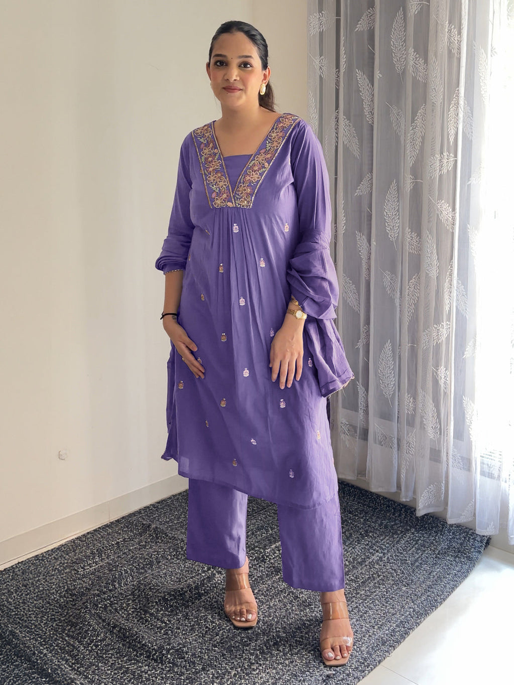 Janasya Women's Purple Pure Cotton Embroidered A-line Kurta Set