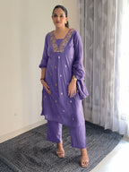 Janasya Women's Purple Pure Cotton Embroidered A-line Kurta Set