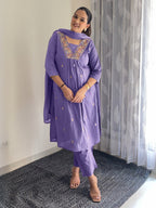 Janasya Women's Purple Pure Cotton Embroidered A-line Kurta Set