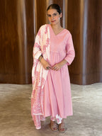 Light Pink Pure Cotton Floral Printed A-line Kurta Set
