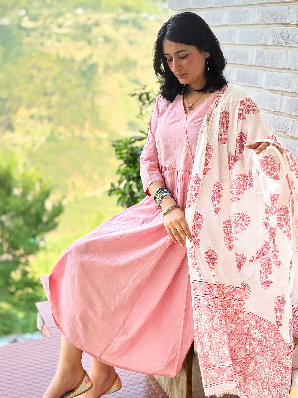 Light Pink Pure Cotton Floral Printed A-line Kurta Set