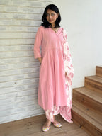 Light Pink Pure Cotton Floral Printed A-line Kurta Set