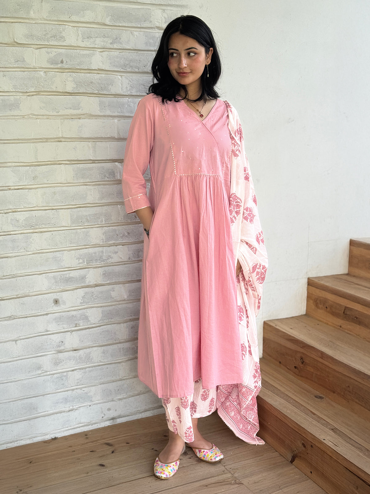 Light Pink Pure Cotton Floral Printed A-line Kurta Set