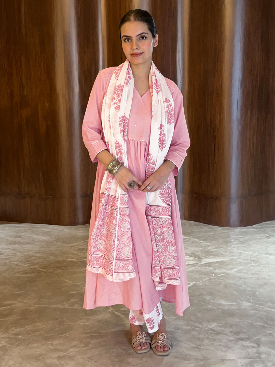 Light Pink Pure Cotton Floral Printed A-line Kurta Set