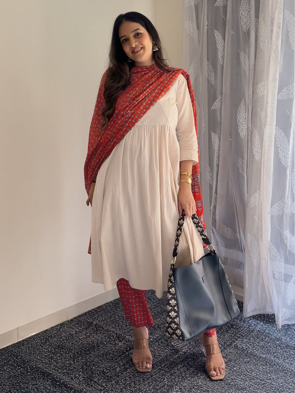 Beige Pure Cotton Floral Printed A-line Kurta Set