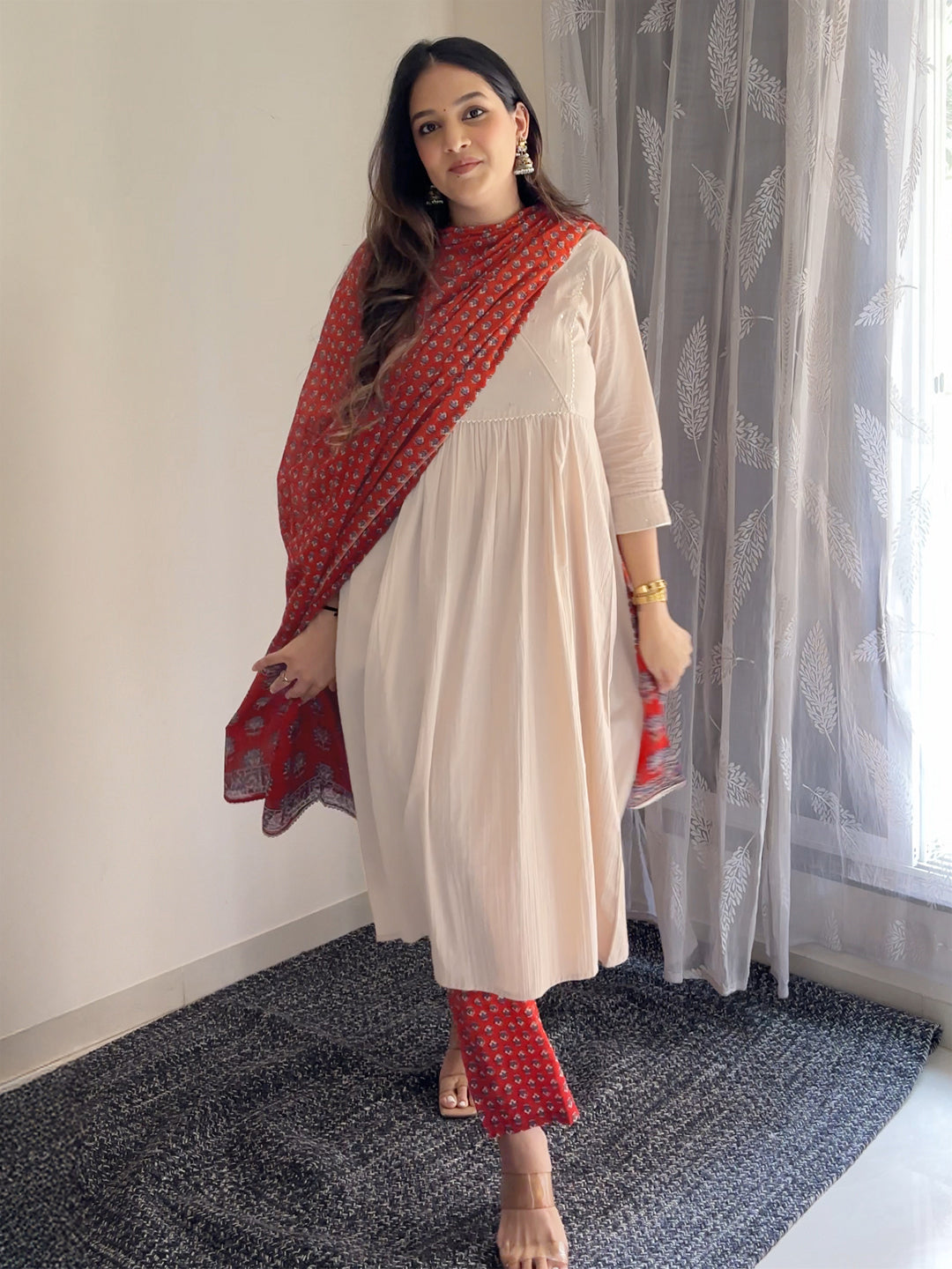 Beige Pure Cotton Floral Printed A-line Kurta Set