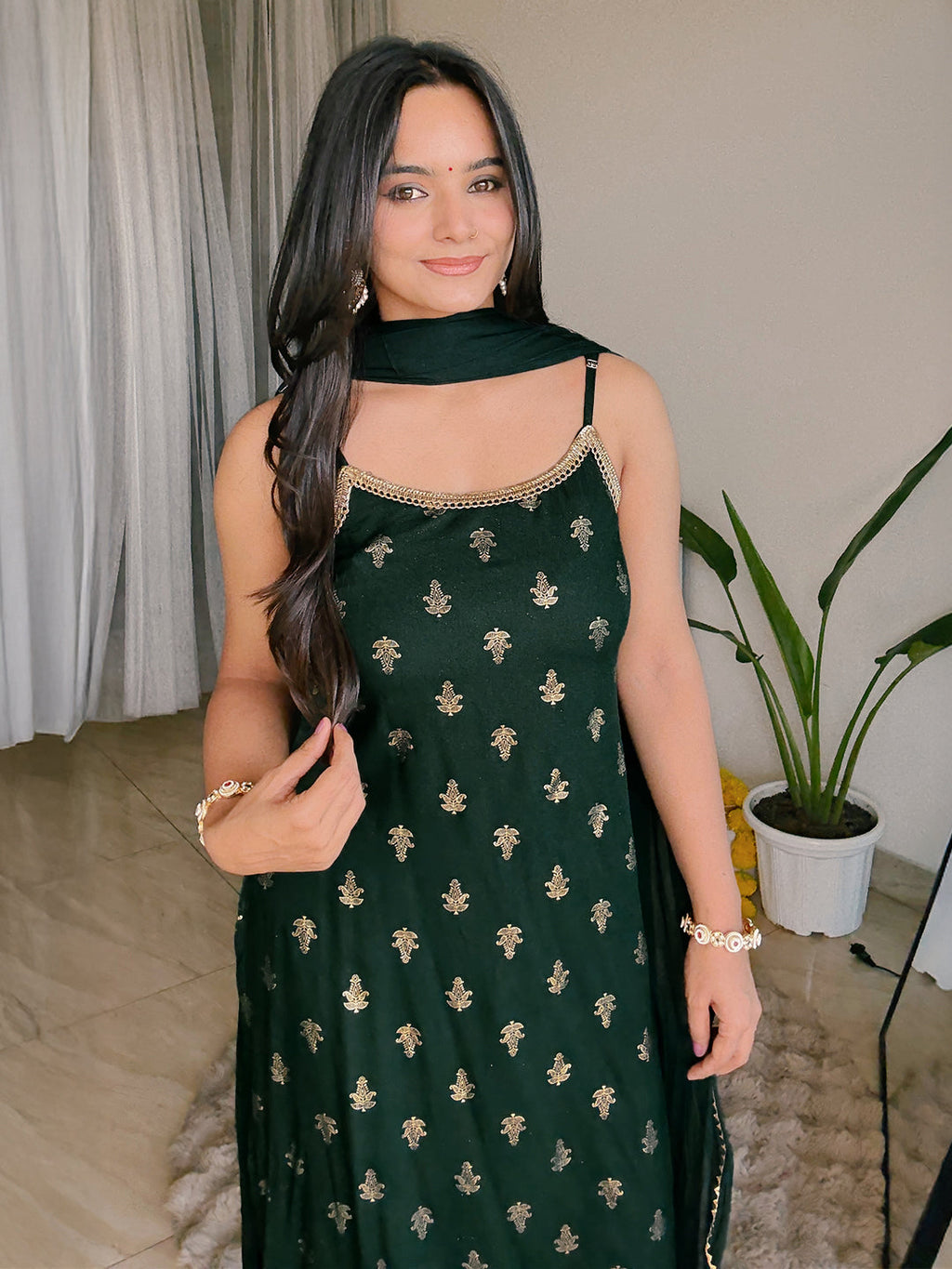 Janasya Women's Dark Green Rayon Embellished Foil Printed Straight Kurta Set