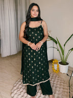 Janasya Women's Dark Green Rayon Embellished Foil Printed Straight Kurta Set
