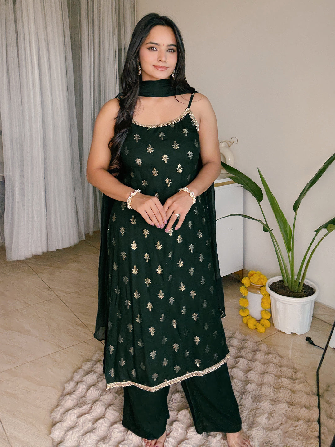 Janasya Women's Dark Green Rayon Embellished Foil Printed Straight Kurta Set