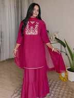 Janasya Women's Pink Georgette Embroidered Straight Kurta With Sharara & Dupatta Set