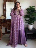 Janasya Women's Purple Georgette Embellished Gold Printed A-line Kurta With Sharara & Dupatta Set