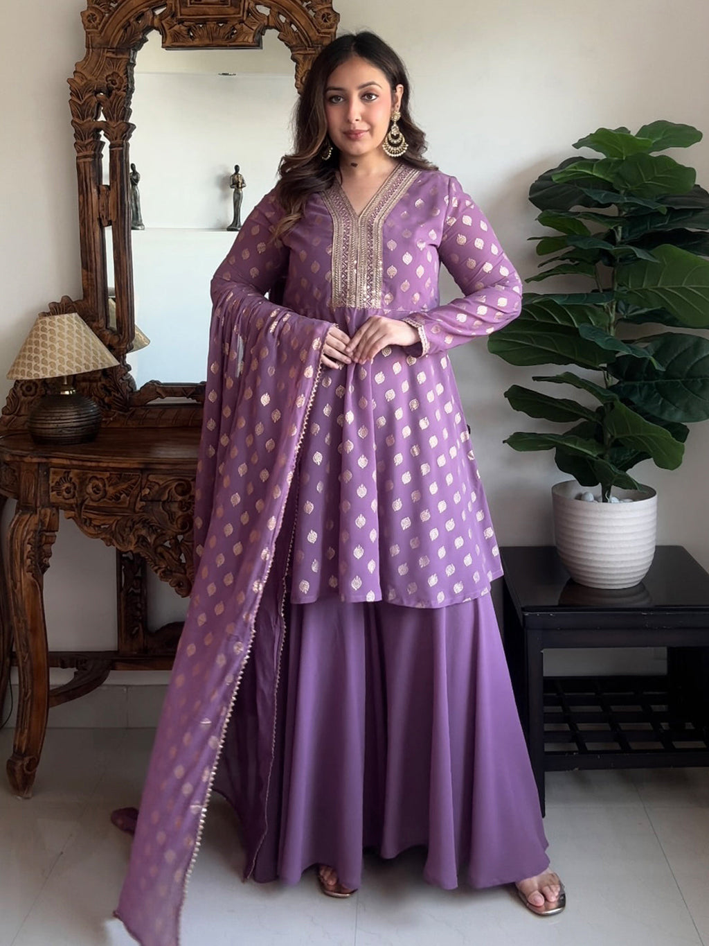 Janasya Women's Purple Georgette Embellished Gold Printed A-line Kurta With Sharara & Dupatta Set