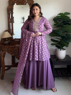 Janasya Women's Purple Georgette Embellished Gold Printed A-line Kurta With Sharara & Dupatta Set