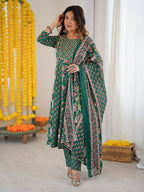 Janasya Women's Green Pure Cotton Floral Printed Yoke Design Anarkali Kurta Set