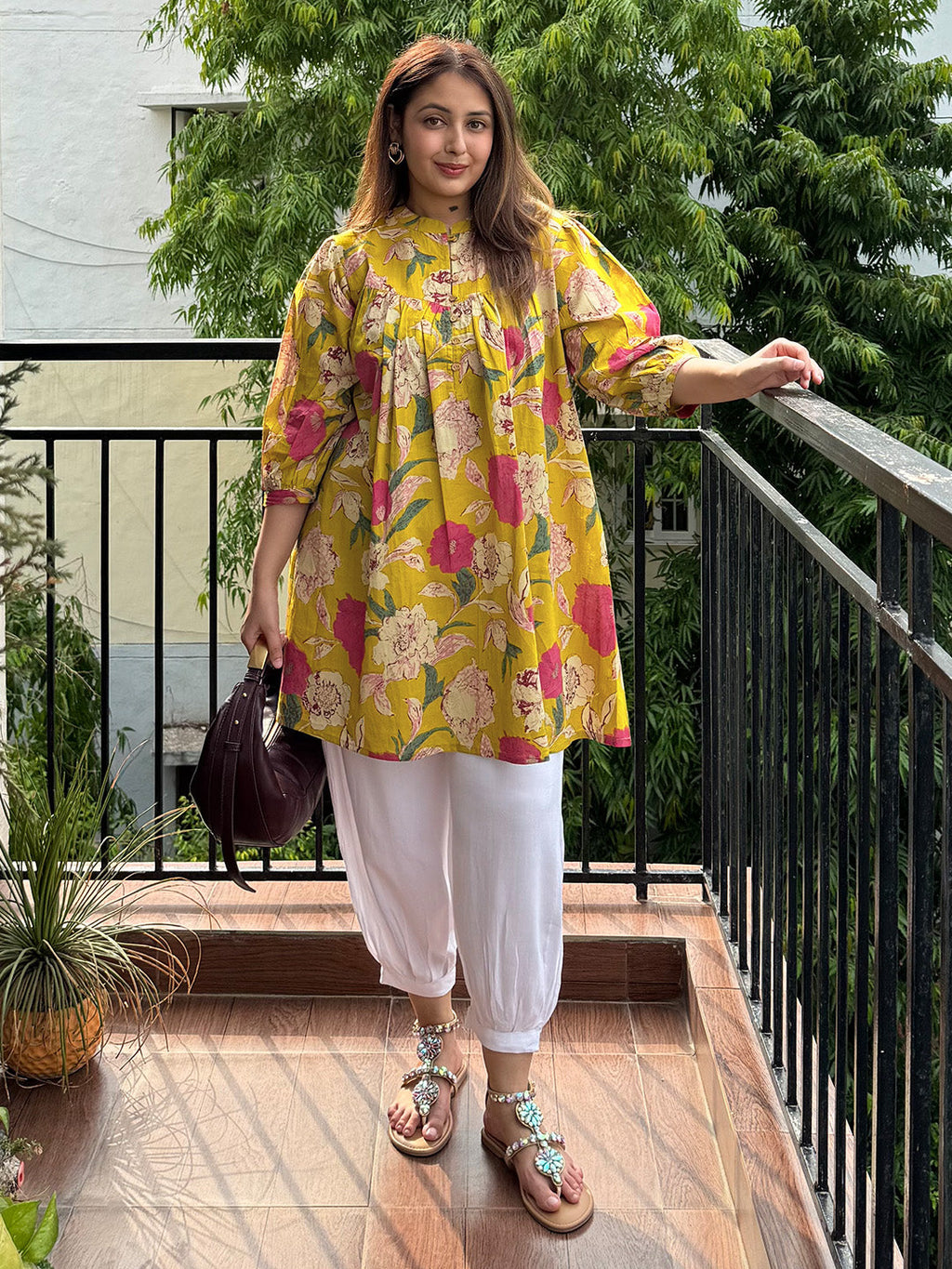 Mustard Pure Cotton Floral Printed A-line Tunic