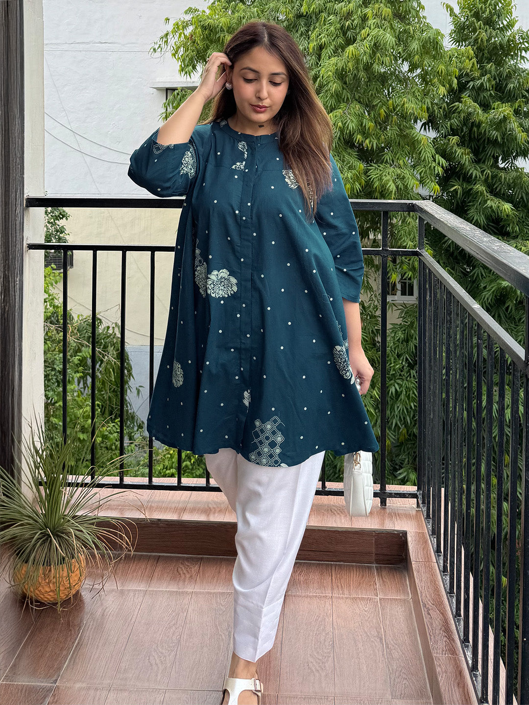 Teal Blue Pure Cotton Floral Printed Flared Tunic - qivii