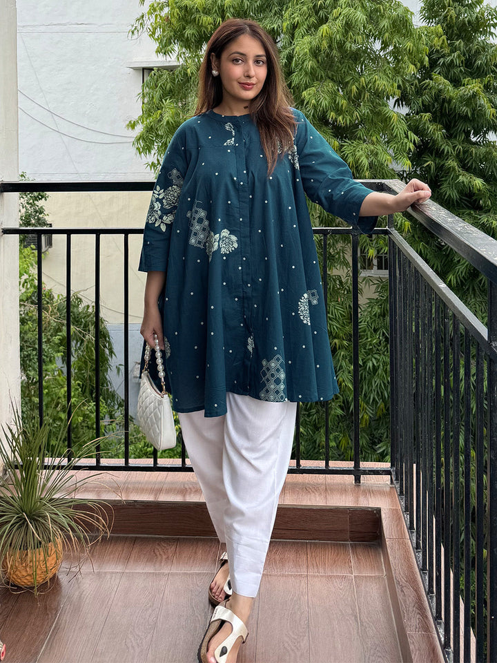Teal Blue Pure Cotton Floral Printed Flared Tunic - qivii
