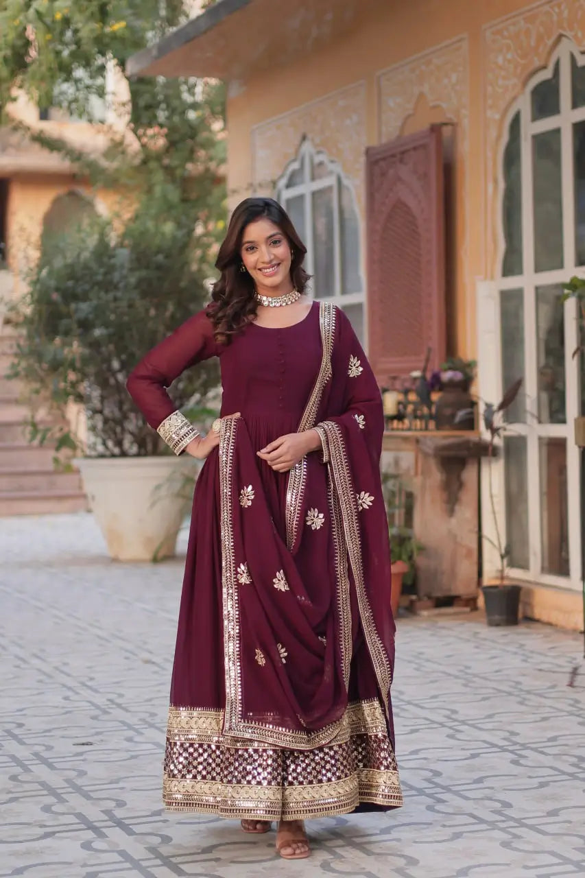 Dark Maroon Designer Gown With Sequins Embroidery work With Dupatta