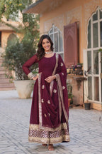 Dark Maroon Designer Gown With Sequins Embroidery work With Dupatta