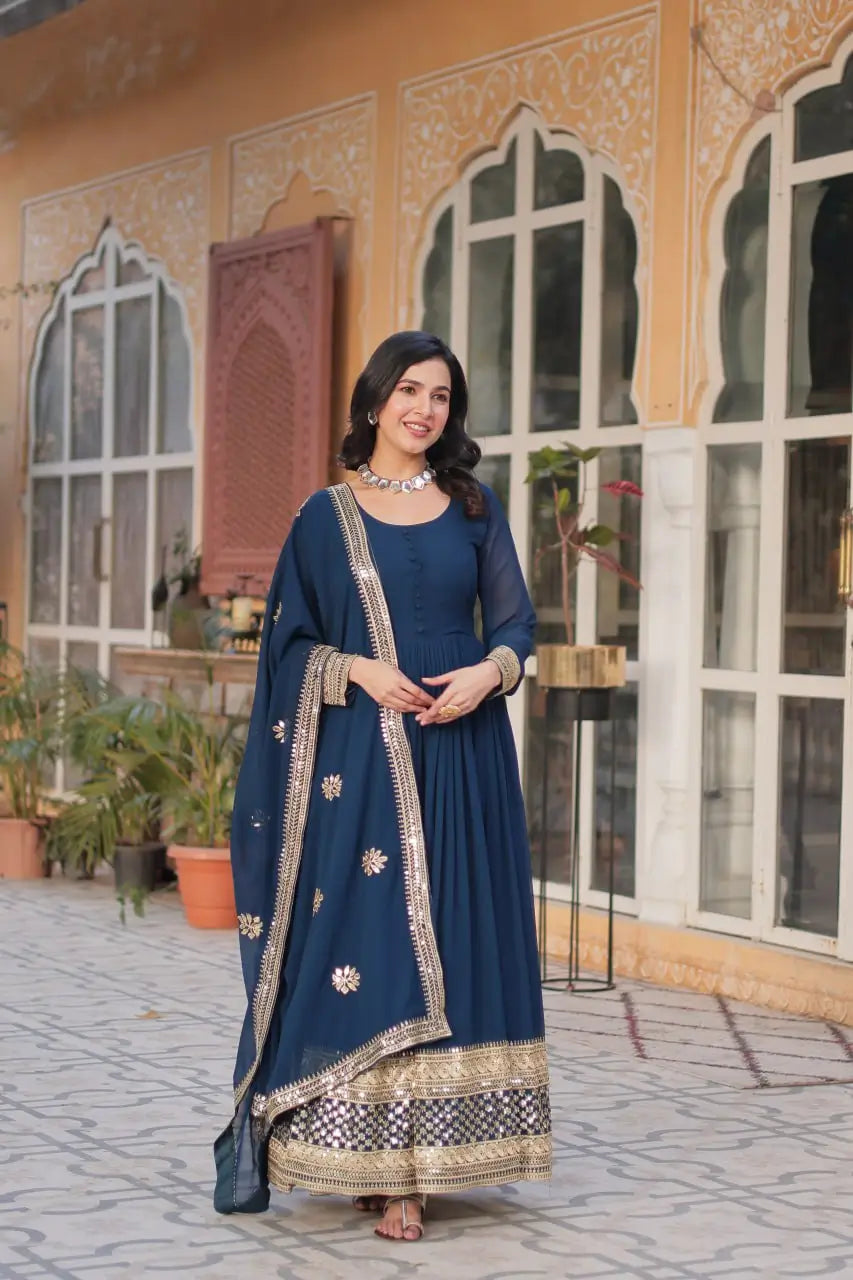Tealish Blue Designer Gown With Sequins Embroidery work With Dupatta