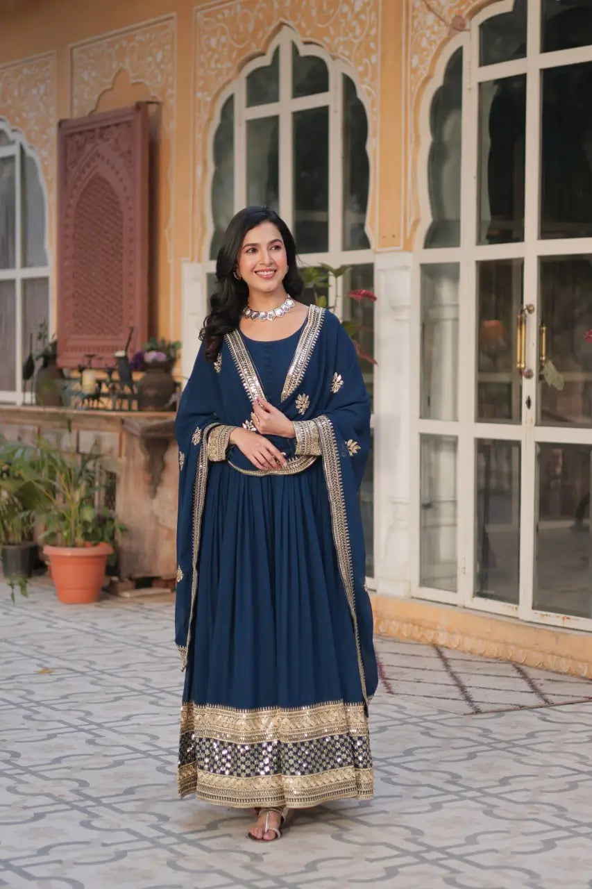 Tealish Blue Designer Gown With Sequins Embroidery work With Dupatta