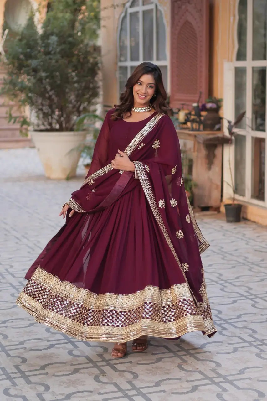 Dark Maroon Designer Gown With Sequins Embroidery work With Dupatta