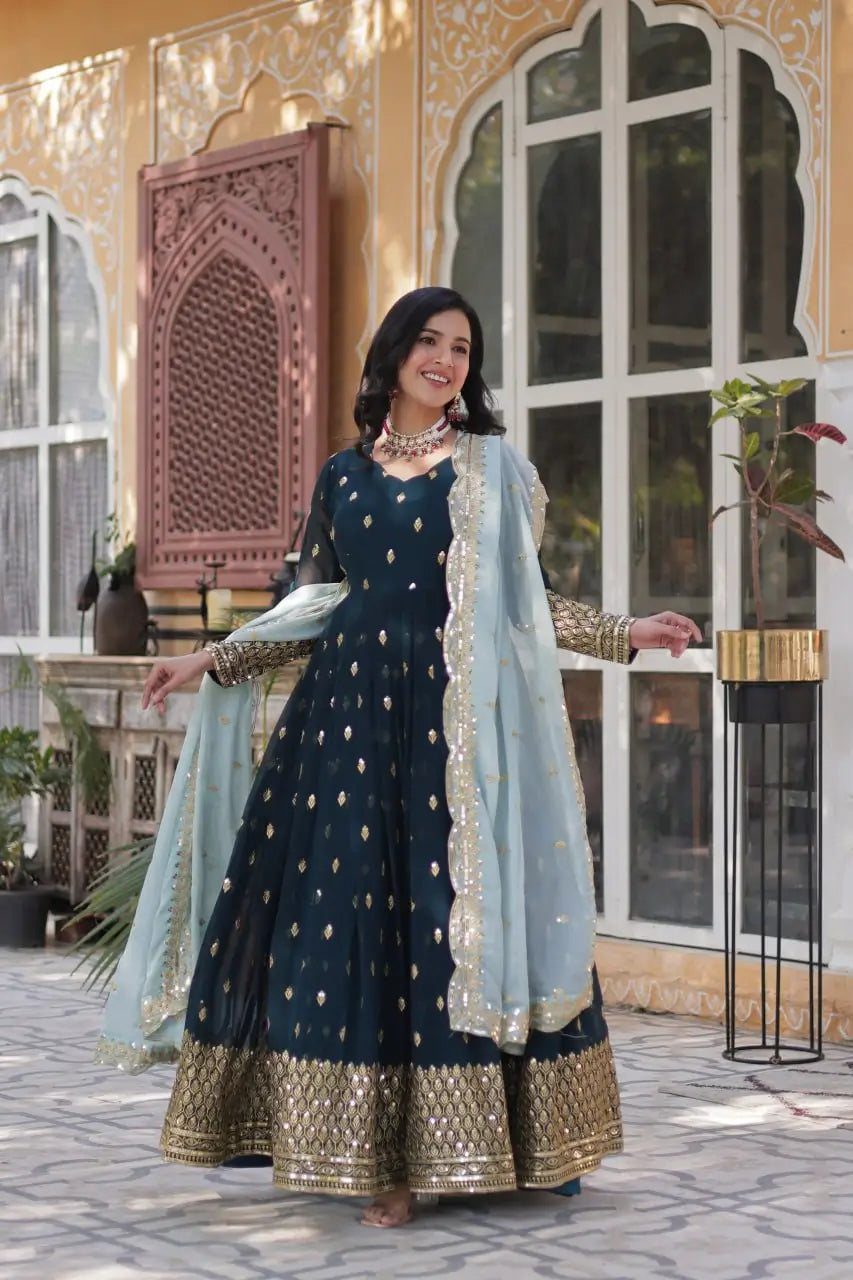 Grayish Blue Designer Gown With Sequins Embroidery Work With Dupatta