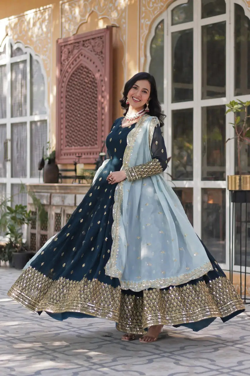 Grayish Blue Designer Gown With Sequins Embroidery Work With Dupatta