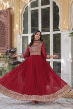 Falu Red Georgette Gown Embroidery Work With Dupatta