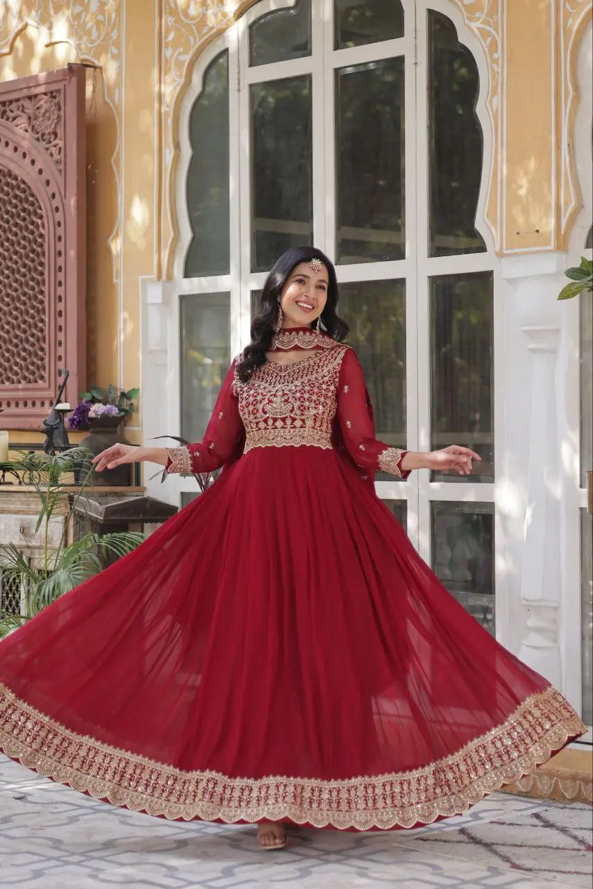 Falu Red Georgette Gown Embroidery Work With Dupatta