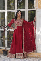 Falu Red Georgette Gown Embroidery Work With Dupatta