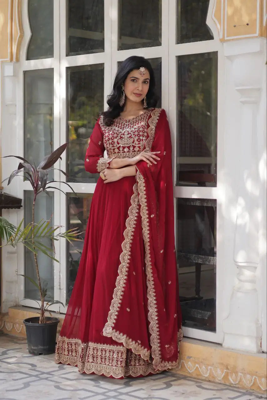 Falu Red Georgette Gown Embroidery Work With Dupatta