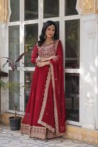 Falu Red Georgette Gown Embroidery Work With Dupatta