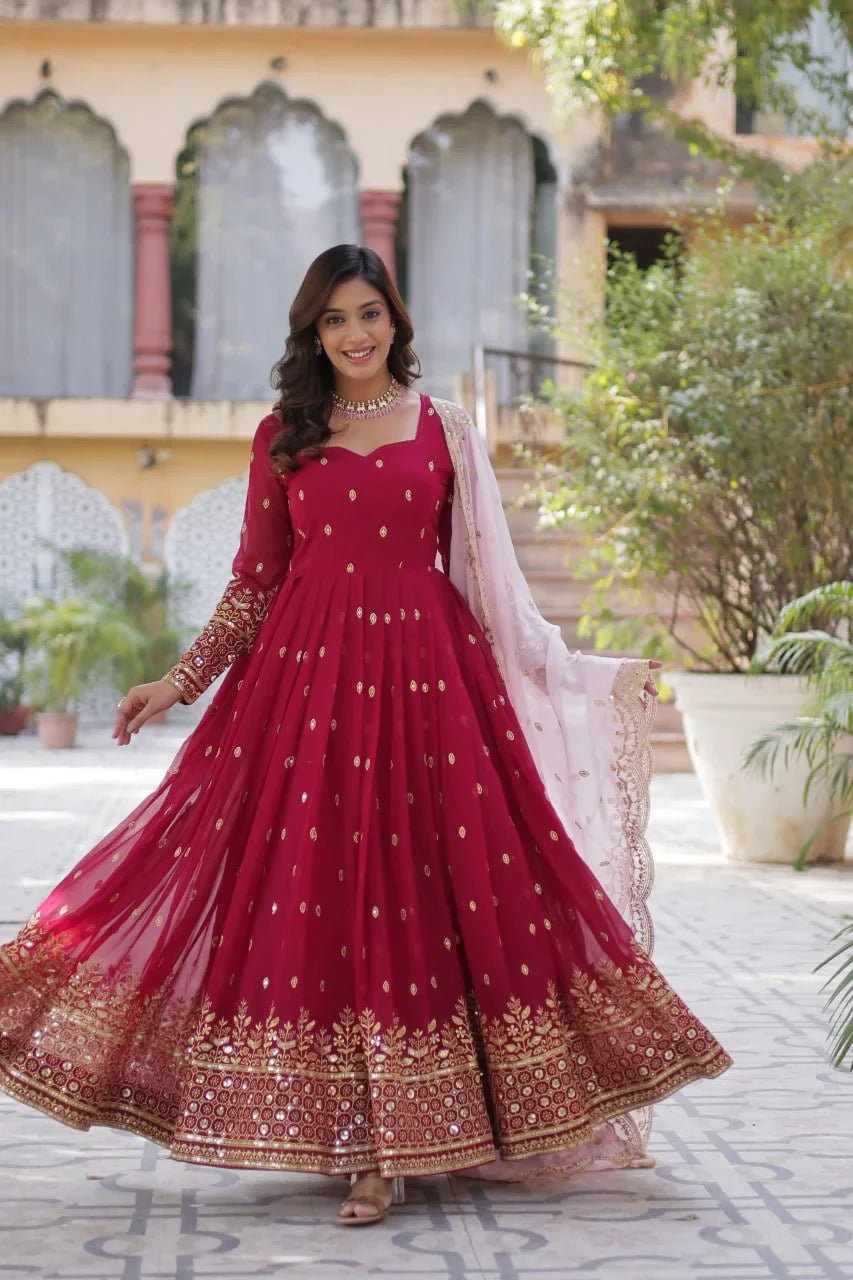 Paprika Red Georgette Sequins Embroidery Work Gown With Contras Dupatta