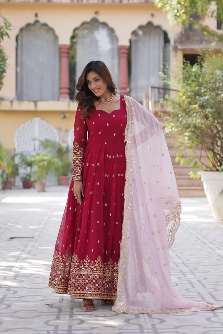 Paprika Red Georgette Sequins Embroidery Work Gown With Contras Dupatta - qivii