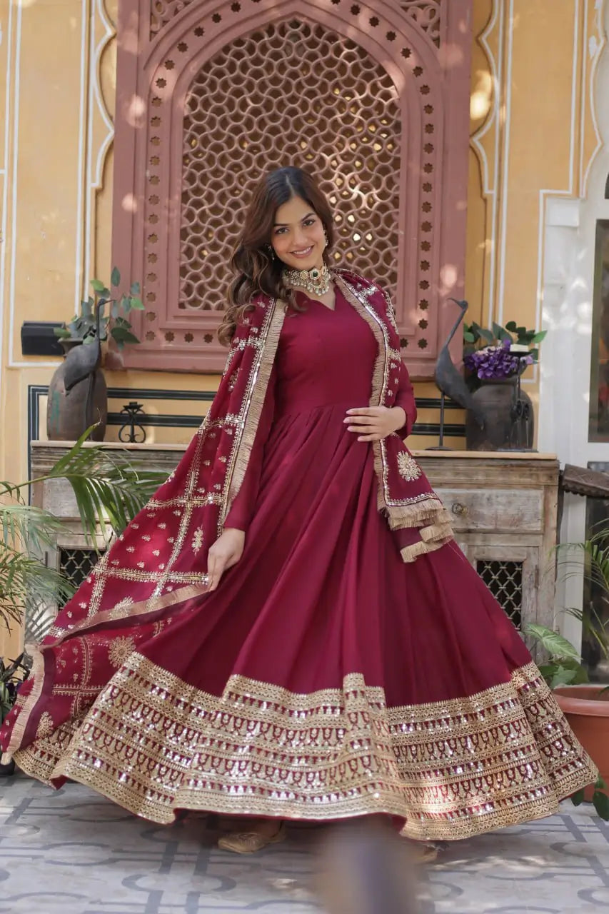 Velvet Maroon Georgette Embroidery Work Gown With Heavy Dupatta