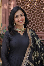 Charcoal Black Georgette Embroidery Work Gown With Heavy Dupatta