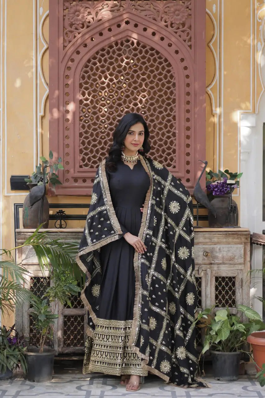 Charcoal Black Georgette Embroidery Work Gown With Heavy Dupatta