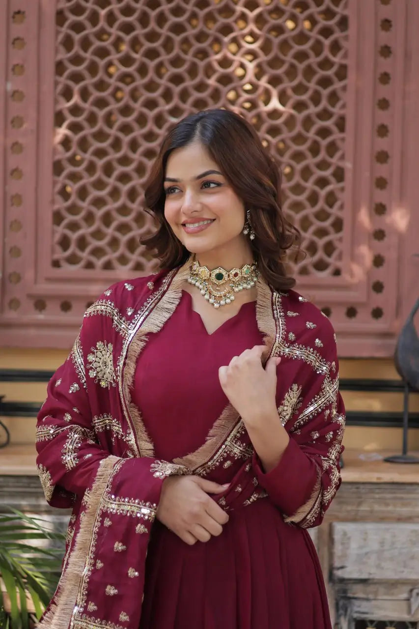 Velvet Maroon Georgette Embroidery Work Gown With Heavy Dupatta