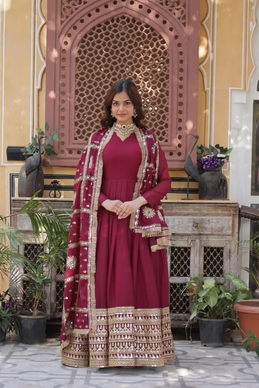 Velvet Maroon Georgette Embroidery Work Gown With Heavy Dupatta
