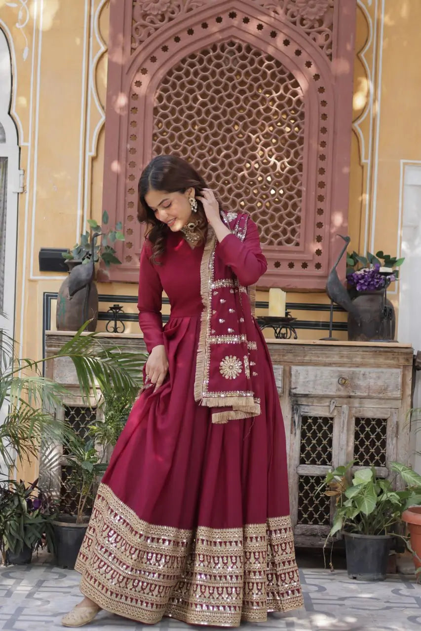 Velvet Maroon Georgette Embroidery Work Gown With Heavy Dupatta
