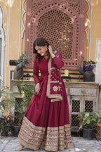 Velvet Maroon Georgette Embroidery Work Gown With Heavy Dupatta