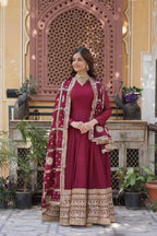 Velvet Maroon Georgette Embroidery Work Gown With Heavy Dupatta