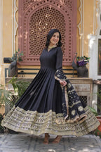 Charcoal Black Georgette Embroidery Work Gown With Heavy Dupatta