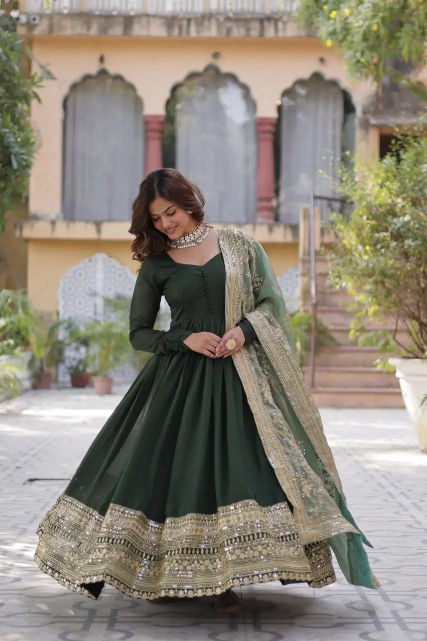Olive Green Shimmer Vichitra Rich Sequins Embroidered Gown With Heavy Dupatta - qivii
