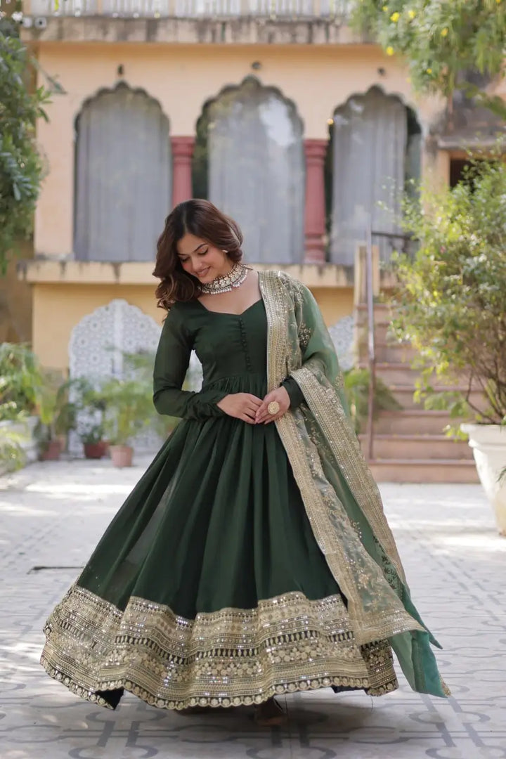 Olive Green Shimmer Vichitra Rich Sequins Embroidered Gown With Heavy Dupatta - qivii