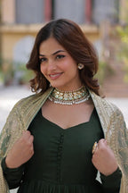 Olive Green Shimmer Vichitra Rich Sequins Embroidered Gown With Heavy Dupatta
