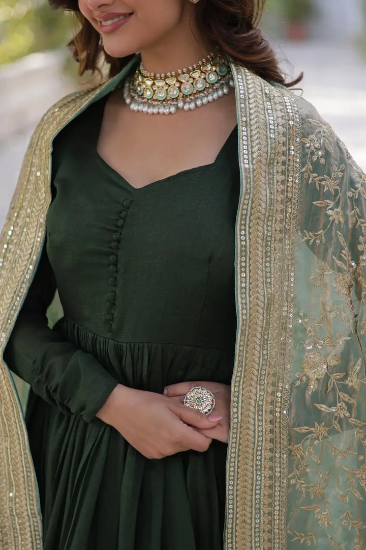 Olive Green Shimmer Vichitra Rich Sequins Embroidered Gown With Heavy Dupatta - qivii