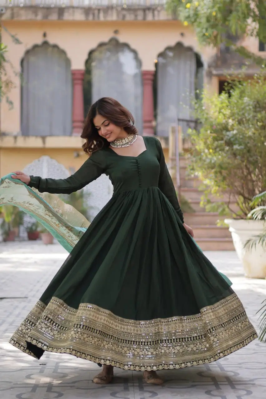 Olive Green Shimmer Vichitra Rich Sequins Embroidered Gown With Heavy Dupatta