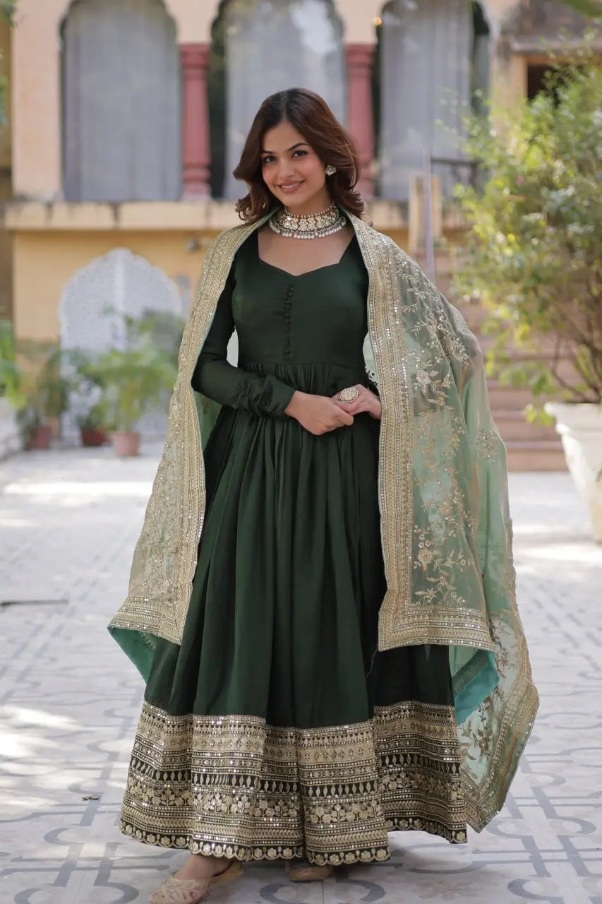 Olive Green Shimmer Vichitra Rich Sequins Embroidered Gown With Heavy Dupatta - qivii